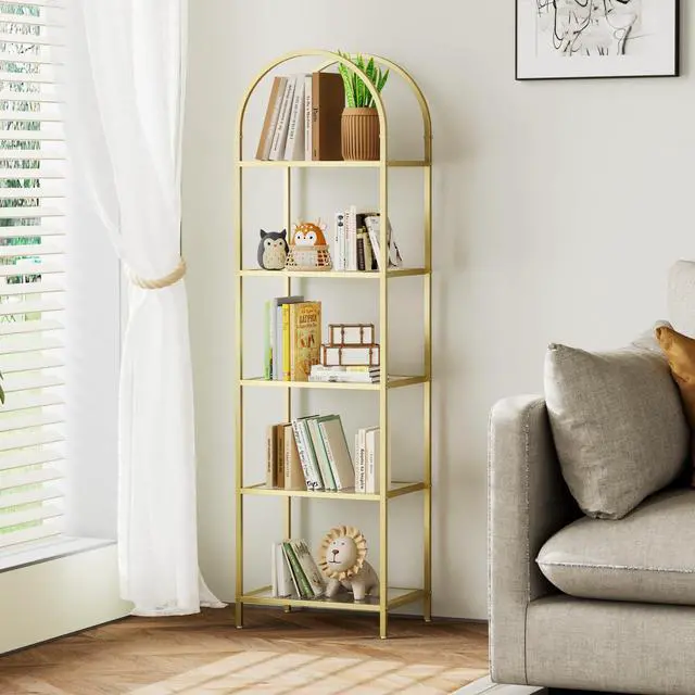 Main image of Bookshelf Arched Display Racks,Metal Bookcase,Tempered Glass Shelves,Storage Rack Shelf for Home Office,Living Room,Bedroom, Bathroom,Modern Style (Golden, 11.8" D x 13.8" W x 57.1" H)