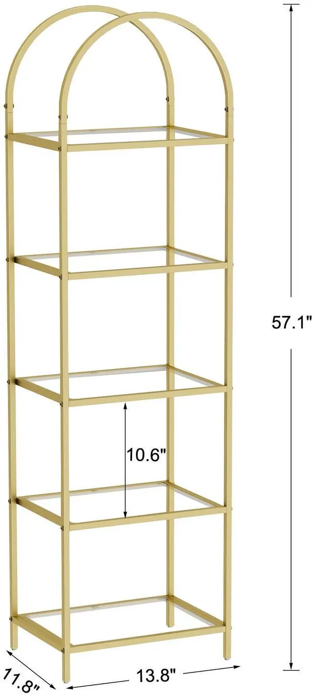 Alt view image 2 of 7 - Bookshelf Arched Display Racks,Metal Bookcase,Tempered Glass Shelves,Storage Rack Shelf for Home Office,Living Room,Bedroom, Bathroom,Modern Style (Golden, 11.8" D x 13.8" W x 57.1" H)