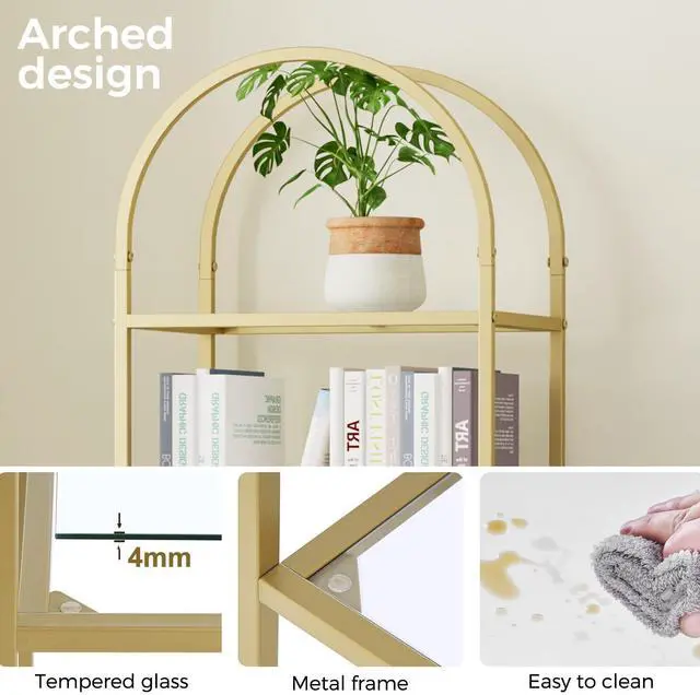 Alt view image 4 of 7 - Bookshelf Arched Display Racks,Metal Bookcase,Tempered Glass Shelves,Storage Rack Shelf for Home Office,Living Room,Bedroom, Bathroom,Modern Style (Golden, 11.8" D x 13.8" W x 57.1" H)