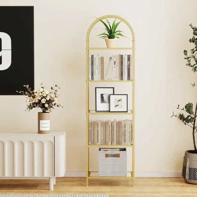 Alt view image 3 of 7 - Bookshelf Arched Display Racks,Metal Bookcase,Tempered Glass Shelves,Storage Rack Shelf for Home Office,Living Room,Bedroom, Bathroom,Modern Style (Golden, 11.8" D x 13.8" W x 57.1" H)