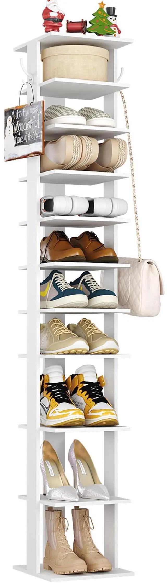 Main image of 10-Tier Vertical Shoe Rack, Corner Shoe Tower, Slim Shoe Organizer with Two Hanging Hooks, Wooden Shoe Storage Stand for Entryway, Hallway, Closet, White
