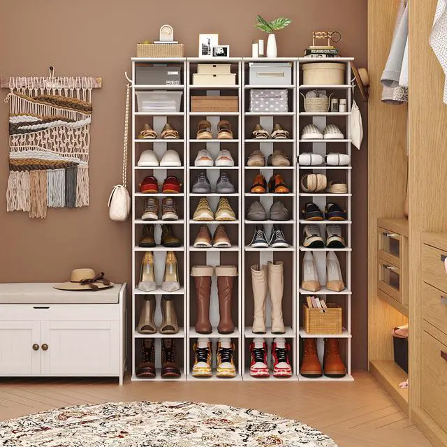 Alt view image 2 of 7 - 10-Tier Vertical Shoe Rack, Corner Shoe Tower, Slim Shoe Organizer with Two Hanging Hooks, Wooden Shoe Storage Stand for Entryway, Hallway, Closet, White
