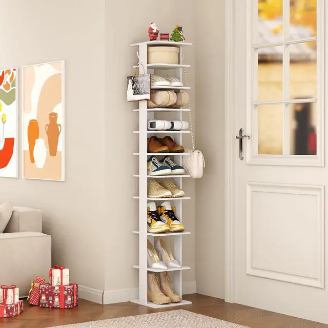 Alt view image 5 of 7 - 10-Tier Vertical Shoe Rack, Corner Shoe Tower, Slim Shoe Organizer with Two Hanging Hooks, Wooden Shoe Storage Stand for Entryway, Hallway, Closet, White