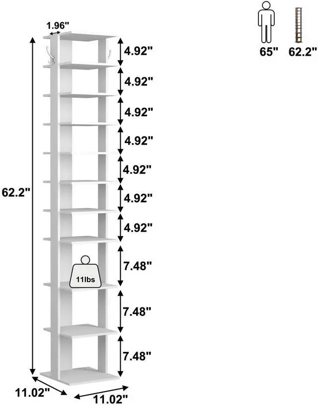 Alt view image 6 of 7 - 10-Tier Vertical Shoe Rack, Corner Shoe Tower, Slim Shoe Organizer with Two Hanging Hooks, Wooden Shoe Storage Stand for Entryway, Hallway, Closet, White