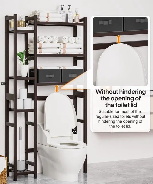 Alt view image 3 of 7 - Over The Toilet Storage with Basket and Drawer, Bamboo Bathroom Organizer with Adjustable Shelf & Waterproof Feet Pad, Space Saver Rack for Restroom, Laundry, Brown