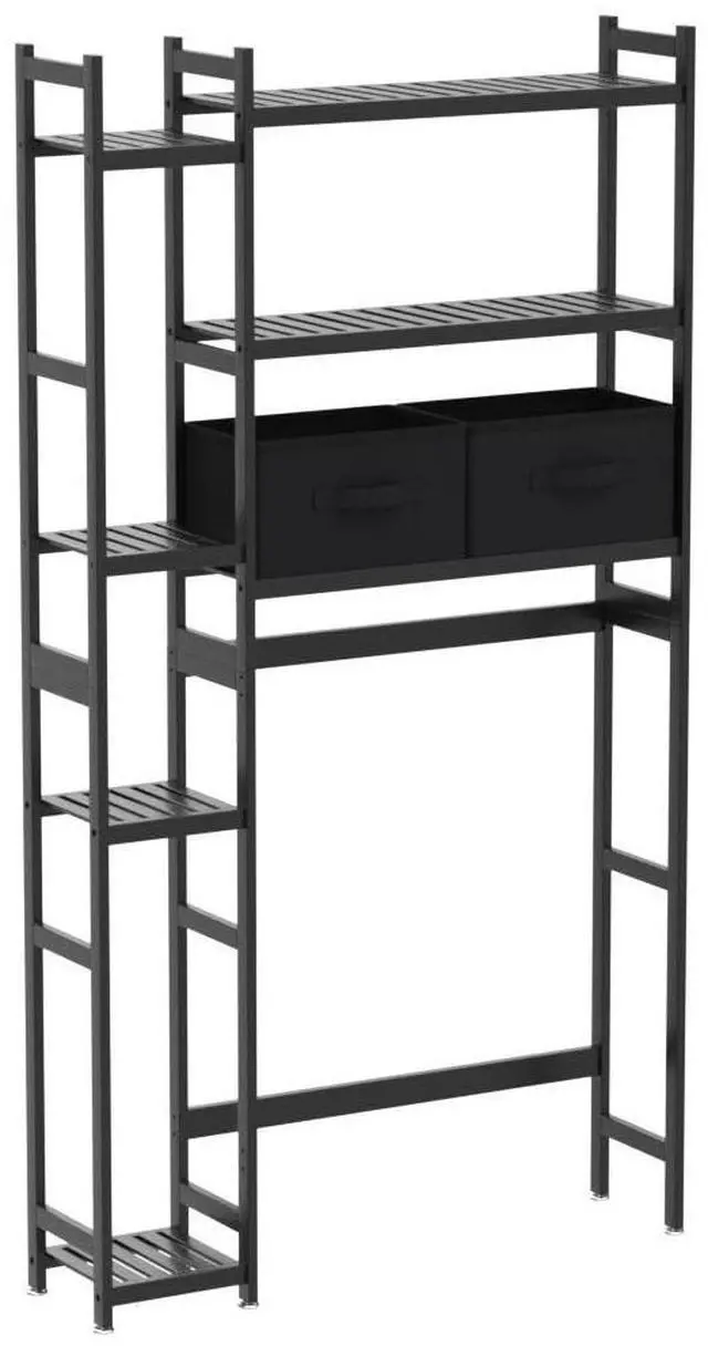 Alt view image 4 of 7 - Over The Toilet Storage with Basket and Drawer, Bamboo Bathroom Organizer with Adjustable Shelf & Waterproof Feet Pad, Space Saver Rack for Restroom, Laundry, Brown