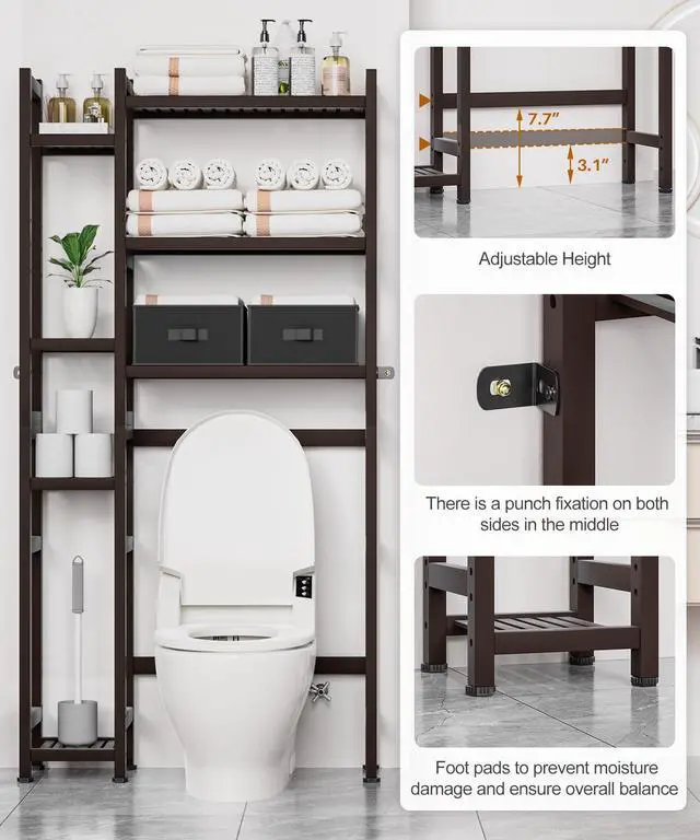 Alt view image 5 of 7 - Over The Toilet Storage with Basket and Drawer, Bamboo Bathroom Organizer with Adjustable Shelf & Waterproof Feet Pad, Space Saver Rack for Restroom, Laundry, Brown