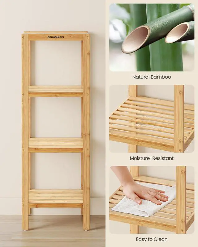 Alt view image 3 of 7 - Bamboo Storage Shelf, 4-Tier Shelving Unit, Multifunctional, in the Entryway, Bathroom, Living Room, Balcony, Kitchen, 13 x 13 x 38.6 Inches, Light Bamboo UBCB54Y