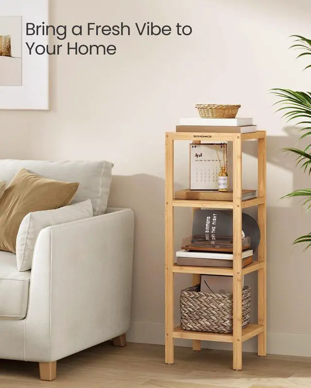 Alt view image 4 of 7 - Bamboo Storage Shelf, 4-Tier Shelving Unit, Multifunctional, in the Entryway, Bathroom, Living Room, Balcony, Kitchen, 13 x 13 x 38.6 Inches, Light Bamboo UBCB54Y