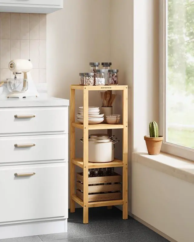 Alt view image 5 of 7 - Bamboo Storage Shelf, 4-Tier Shelving Unit, Multifunctional, in the Entryway, Bathroom, Living Room, Balcony, Kitchen, 13 x 13 x 38.6 Inches, Light Bamboo UBCB54Y