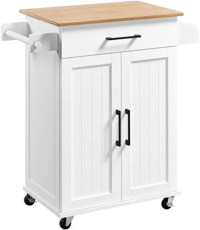 Main image of Kitchen Cart with Bamboo Tabletop, 32" Width Rolling Kitchen Island with Drawer and Adjustable Shelf, Storage Cabinet with Spice Rack Towel Bar for Dining Room Kitchen Living Room, White