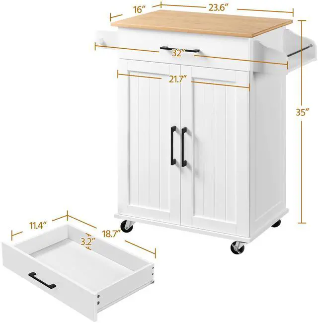Alt view image 3 of 7 - Kitchen Cart with Bamboo Tabletop, 32" Width Rolling Kitchen Island with Drawer and Adjustable Shelf, Storage Cabinet with Spice Rack Towel Bar for Dining Room Kitchen Living Room, White