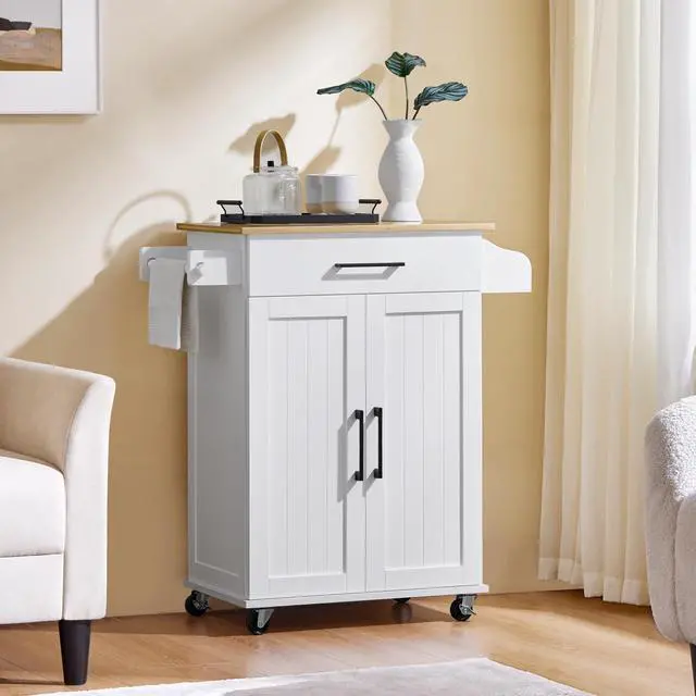 Alt view image 4 of 7 - Kitchen Cart with Bamboo Tabletop, 32" Width Rolling Kitchen Island with Drawer and Adjustable Shelf, Storage Cabinet with Spice Rack Towel Bar for Dining Room Kitchen Living Room, White