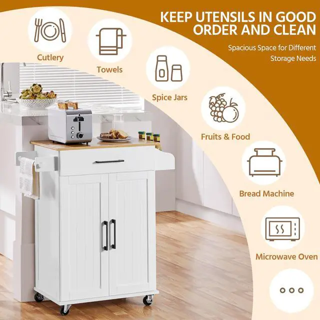 Alt view image 6 of 7 - Kitchen Cart with Bamboo Tabletop, 32" Width Rolling Kitchen Island with Drawer and Adjustable Shelf, Storage Cabinet with Spice Rack Towel Bar for Dining Room Kitchen Living Room, White