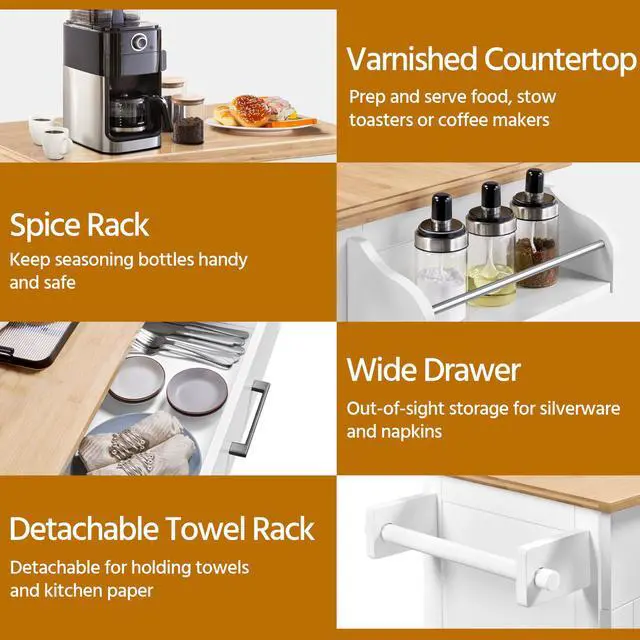 Alt view image 5 of 7 - Kitchen Cart with Bamboo Tabletop, 32" Width Rolling Kitchen Island with Drawer and Adjustable Shelf, Storage Cabinet with Spice Rack Towel Bar for Dining Room Kitchen Living Room, White
