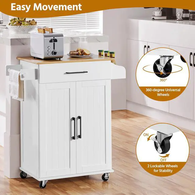 Alt view image 7 of 7 - Kitchen Cart with Bamboo Tabletop, 32" Width Rolling Kitchen Island with Drawer and Adjustable Shelf, Storage Cabinet with Spice Rack Towel Bar for Dining Room Kitchen Living Room, White