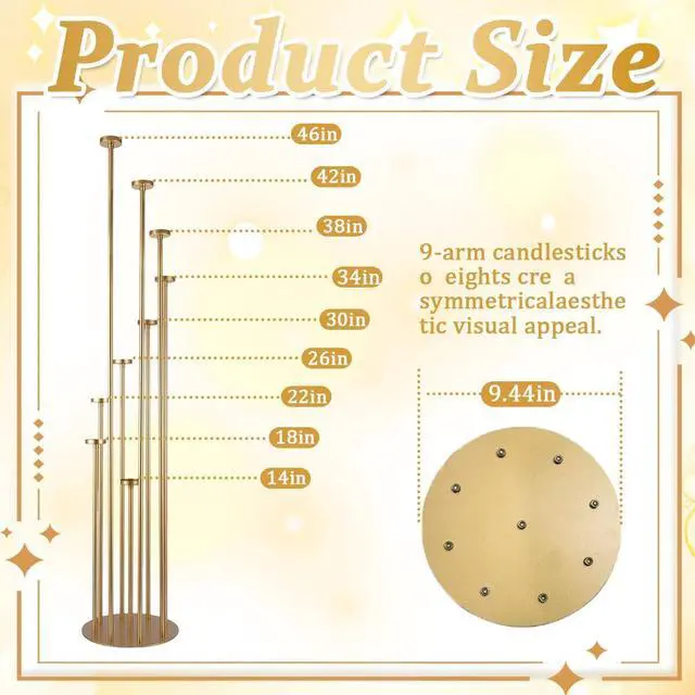 Alt view image 2 of 7 - 2pcs 9 Arm Candelabra,Floor Candle Holders Tall Set for Wedding Aisle Decoration,Gold Candelabras for Fireplace,Candle Stand Fit for Flameless or Wax