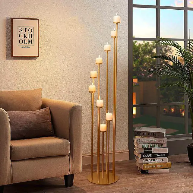 Alt view image 4 of 7 - 2pcs 9 Arm Candelabra,Floor Candle Holders Tall Set for Wedding Aisle Decoration,Gold Candelabras for Fireplace,Candle Stand Fit for Flameless or Wax