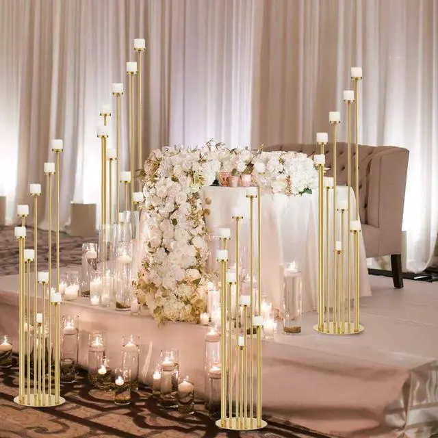 Alt view image 6 of 7 - 2pcs 9 Arm Candelabra,Floor Candle Holders Tall Set for Wedding Aisle Decoration,Gold Candelabras for Fireplace,Candle Stand Fit for Flameless or Wax