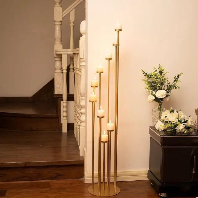 Alt view image 7 of 7 - 2pcs 9 Arm Candelabra,Floor Candle Holders Tall Set for Wedding Aisle Decoration,Gold Candelabras for Fireplace,Candle Stand Fit for Flameless or Wax