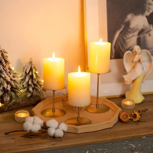 Alt view image 2 of 7 - Pillar Candle Holders Candle Plates - Set of 24 Candelabra Candle Stand Iron Plate Minimalism Modern Home Mantel Dinning Table Christmas Decorations Centerpiece for Wedding, Party, Events, Gold