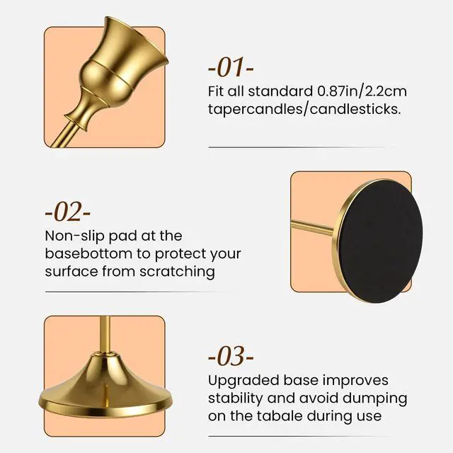 Alt view image 4 of 7 - Gold Candle Holders Set -30pcs Taper Candle Holder for Candlesticks, Tall Metal Candlestick Holders for Table Centerpiece, Home Decor, Fits 3/4 Inch Thick Candles (Gold, 10 Sets(30 Pcs))