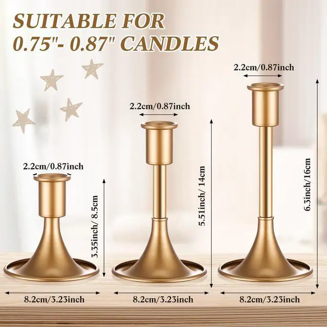 Alt view image 2 of 6 - 24 Pcs Elegant Candle Holders Matte Retro Design Aluminum Alloy Candlestick Holders with Various Heights 3.3" 5.5" 6.3" for Wedding Table Centerpiece Decoration(Gold)