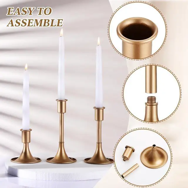 Alt view image 3 of 6 - 24 Pcs Elegant Candle Holders Matte Retro Design Aluminum Alloy Candlestick Holders with Various Heights 3.3" 5.5" 6.3" for Wedding Table Centerpiece Decoration(Gold)