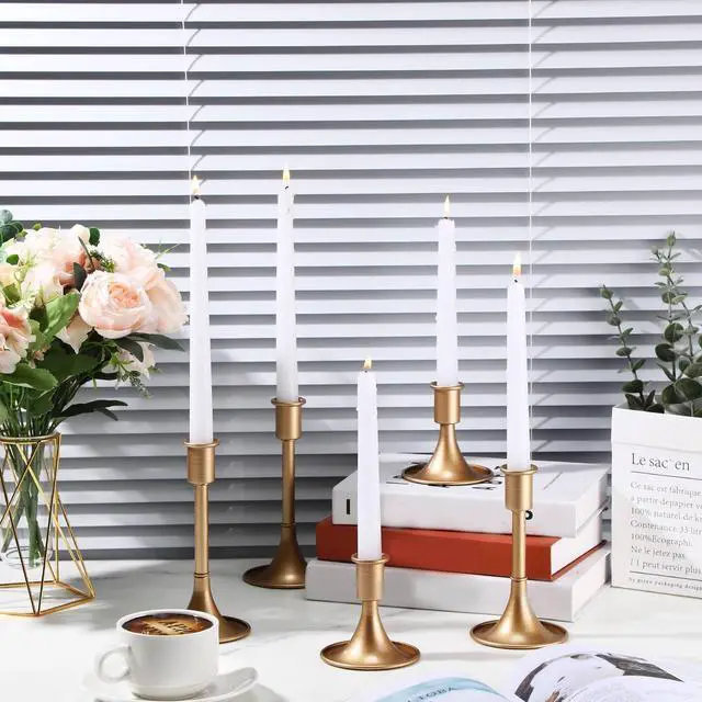 Alt view image 5 of 6 - 24 Pcs Elegant Candle Holders Matte Retro Design Aluminum Alloy Candlestick Holders with Various Heights 3.3" 5.5" 6.3" for Wedding Table Centerpiece Decoration(Gold)