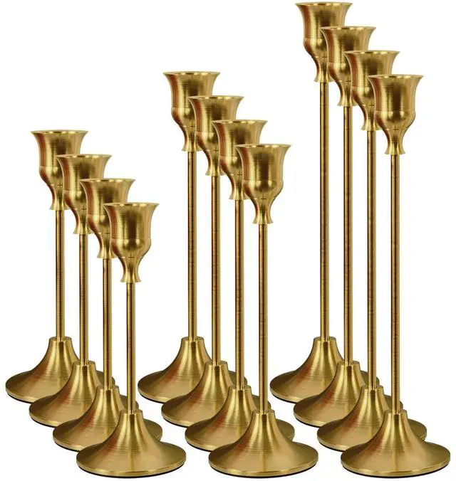 Main image of Set of 12 Brass Gold Taper Candle Holders, Candlesticks Holders Bulk, Vintage Candlestick Holder Decorative Metal Candle Sticks Home Decor Centerpieces for Table Mantel Festive Decorations