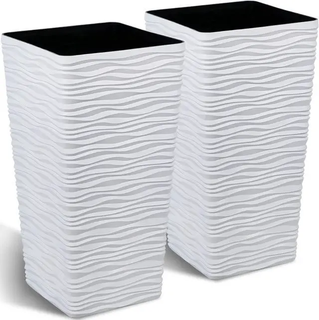 Main image of Garden 22" Tall Planters Set of 2 - Plastic White Square Plant Pots - Modern Big Tapered Matte Wavy Tree Flower Pot for Indoor Outdoor Porch Deck