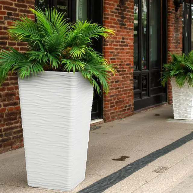 Alt view image 2 of 7 - Garden 22" Tall Planters Set of 2 - Plastic White Square Plant Pots - Modern Big Tapered Matte Wavy Tree Flower Pot for Indoor Outdoor Porch Deck