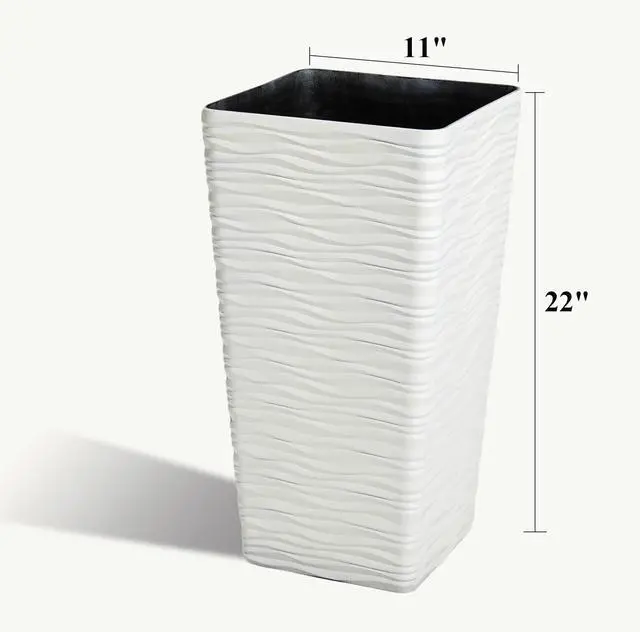 Alt view image 5 of 7 - Garden 22" Tall Planters Set of 2 - Plastic White Square Plant Pots - Modern Big Tapered Matte Wavy Tree Flower Pot for Indoor Outdoor Porch Deck