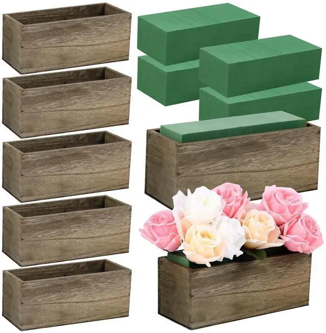 Main image of 10 Sets 10 x 4 x 4 in Wood Rectangular Planter Boxes Bulk Wood Flower Box Centerpiece Vases with Floral Foam Blocks Rustic Flower Pot Indoor Window for Wedding Arrangement