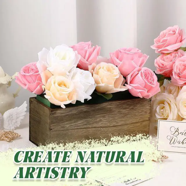 Alt view image 3 of 6 - 10 Sets 10 x 4 x 4 in Wood Rectangular Planter Boxes Bulk Wood Flower Box Centerpiece Vases with Floral Foam Blocks Rustic Flower Pot Indoor Window for Wedding Arrangement