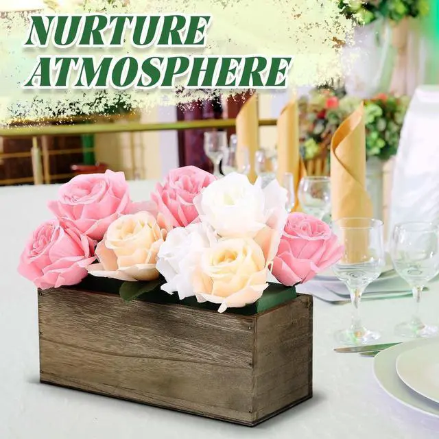 Alt view image 5 of 6 - 10 Sets 10 x 4 x 4 in Wood Rectangular Planter Boxes Bulk Wood Flower Box Centerpiece Vases with Floral Foam Blocks Rustic Flower Pot Indoor Window for Wedding Arrangement