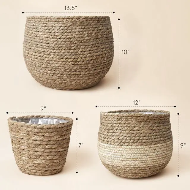 Alt view image 6 of 6 - Natural Seagrass Large Planter, Plant Pots Cover, Indoor Planters Flower Pots, 13.5+12+9 inch Pack 3