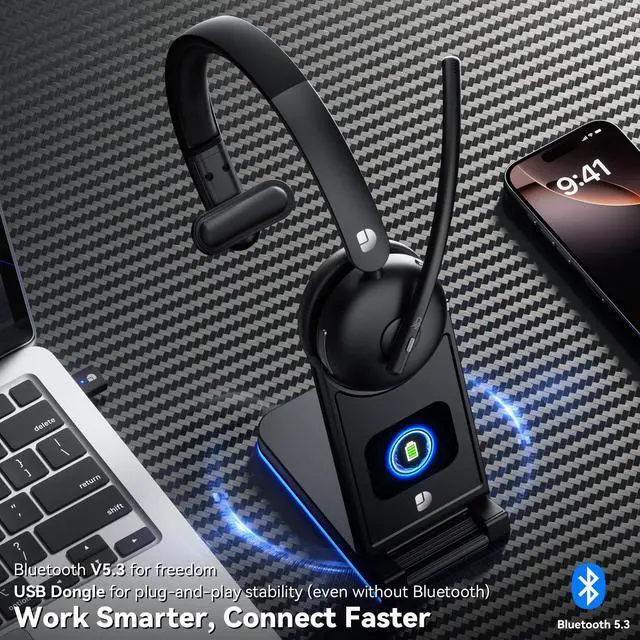 Alt view image 3 of 7 - Wireless Headset with Mic for Work, Wireless Headset with Microphone (Noise Cancelling), Smart Mult-Func Dock, 65H Worktime&Fast Charge Bluetooth Headphones for Work/PC/Computer/Call Center/Teams/Zoom