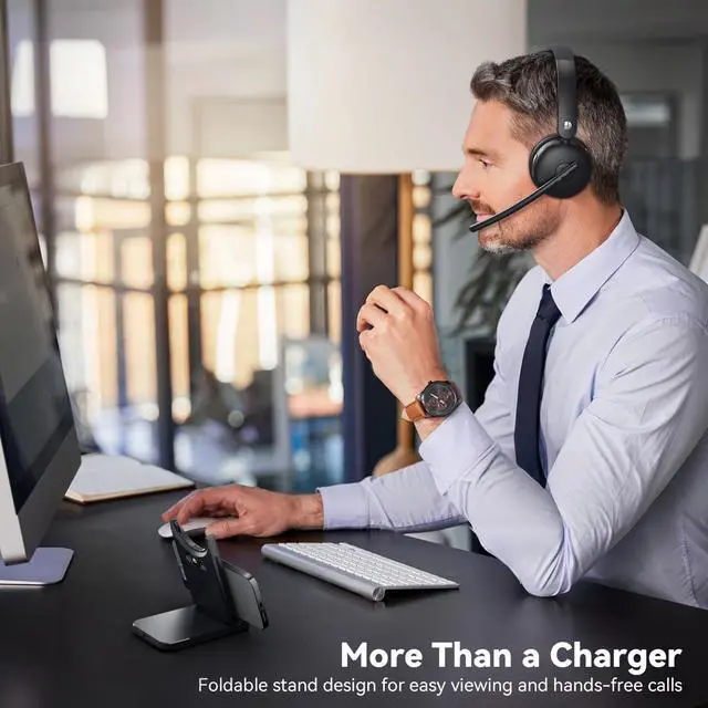 Alt view image 5 of 7 - Wireless Headset with Mic for Work, Wireless Headset with Microphone (Noise Cancelling), Smart Mult-Func Dock, 65H Worktime&Fast Charge Bluetooth Headphones for Work/PC/Computer/Call Center/Teams/Zoom