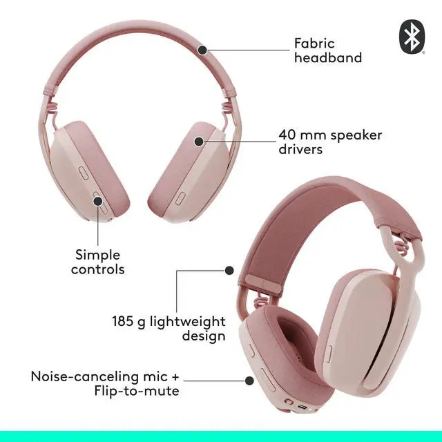 Alt view image 7 of 7 - Zone Vibe 100 Lightweight Wireless Over Ear Headphones with Noise Canceling Microphone, Advanced Multipoint Bluetooth Headset, Works with Teams, Google Meet, Zoom, Mac/PC - Rose
