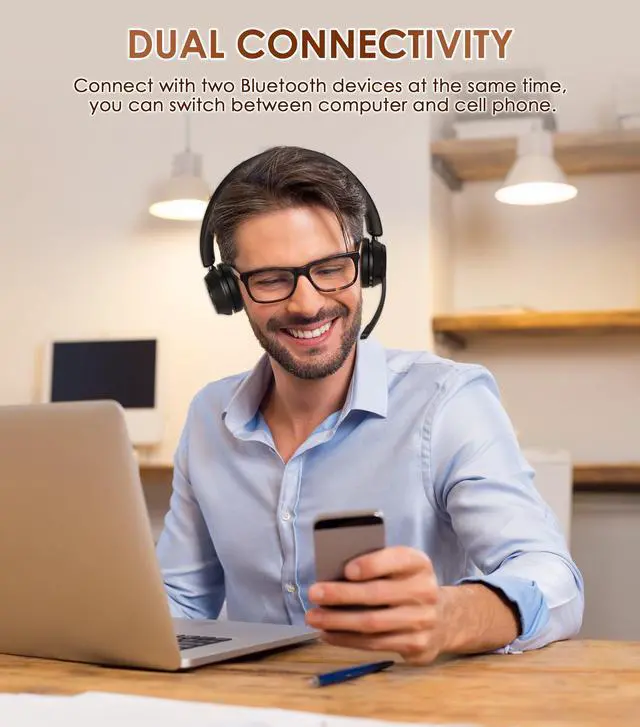 Alt view image 3 of 6 - (Upgraded Version) Wireless Headset, Bluetooth Headset with Noise Cancelling Microphone, Best Headphones with Mic Mute & USB Dongle for PC/Computer/Laptop/Cell Phones/Remote Work/Call Center
