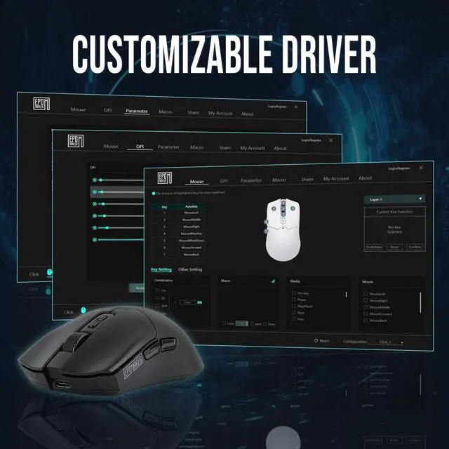 Alt view image 6 of 7 - Click Gaming Mouse Wireless 2.4Ghz/Bluetooth/Type-C, 800 to 42,000 DPI Adjustable, 8K Polling Rate, 500mAh, Lightweight Optical Mouse, for PC/Mac/Linux (Black)