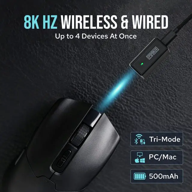 Alt view image 7 of 7 - Click Gaming Mouse Wireless 2.4Ghz/Bluetooth/Type-C, 800 to 42,000 DPI Adjustable, 8K Polling Rate, 500mAh, Lightweight Optical Mouse, for PC/Mac/Linux (Black)
