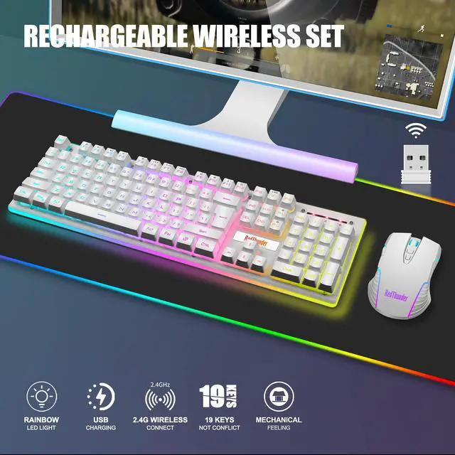 Alt view image 2 of 7 - K10 Wireless Gaming Keyboard and Mouse Combo, LED Backlit Rechargeable 3800mAh Battery, Mechanical Feel Anti-ghosting Keyboard + 7D 3200DPI Mice for PC Gamer (White)
