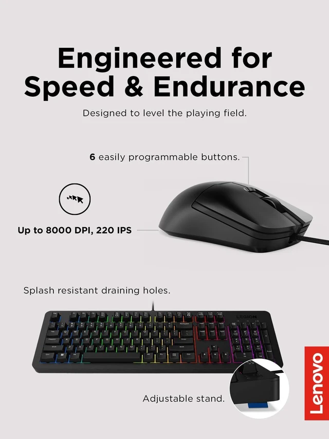 Alt view image 4 of 7 - Lenovo Legion KM310 RGB Wired Gaming Keyboard & Mouse Combo - K310 Keyboard w/Silent Operation & Compact Water-Resistant Design - M300S Mouse with 8000 Adjustable DPI, 220 IPS, 6 Programmable Buttons