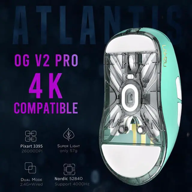 Alt view image 2 of 7 - Atlantis OG V2 PRO Wireless Gaming Mouse, Ultra Lightweight 57g, Mechanical Switch,26000 DPI,Symmetrical,MCU Nordic 52840,Silver TTC, PAW3395 Sensor (Elegant Blue)-Coming with 1K Dongle