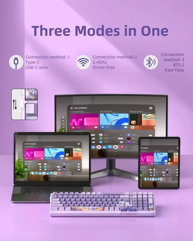 Alt view image 3 of 7 - SKY98 Wireless Gasket Mechanical Gaming Keyboard, 96% Hot Swappable RGB Custom Creamy Keyboard with 5-Layer Sound Padding, BT/2.4G/USB-C, NKRO for Win/Mac (Lavender, Violet Switch)