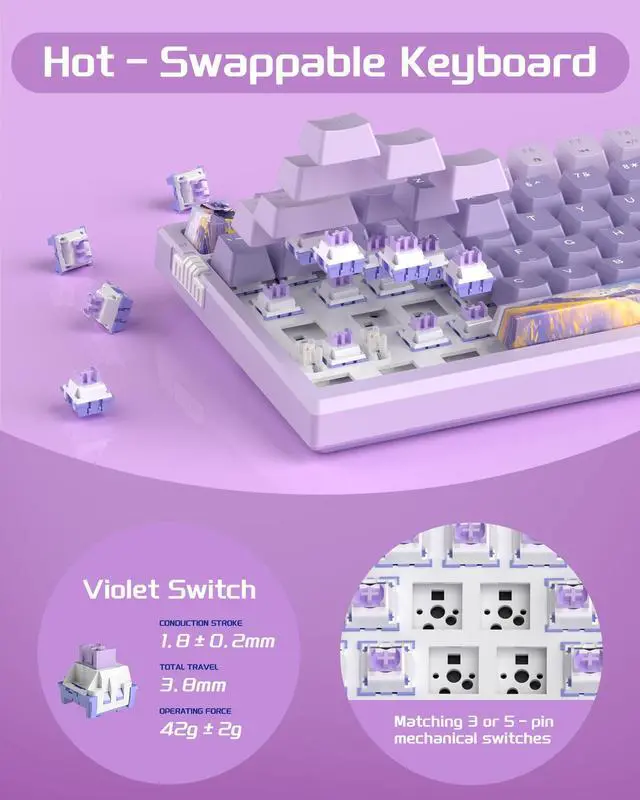 Alt view image 6 of 7 - SKY98 Wireless Gasket Mechanical Gaming Keyboard, 96% Hot Swappable RGB Custom Creamy Keyboard with 5-Layer Sound Padding, BT/2.4G/USB-C, NKRO for Win/Mac (Lavender, Violet Switch)