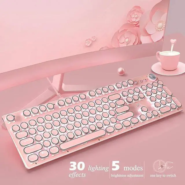 Alt view image 2 of 7 - Pink Typewriter Keyboard and Mouse,Retro Vintage Mechanical Gaming Keyboard with White LED Backlit,104 Keys Anti-Ghosting Blue Switch Wired Cute Keyboard,Round Keycaps for Desktop PC/Laptop Mac
