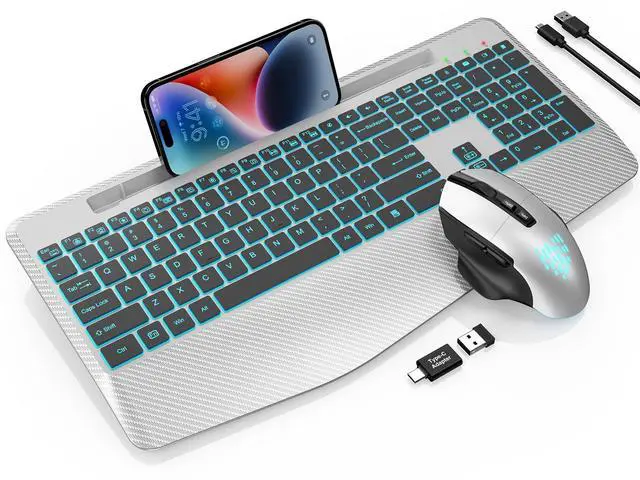 Main image of Wireless Keyboard and Mouse Backlits, Wrist Rest, LED Mouse, Rechargeable Ergonomic Keyboard with Phone Holder, Silent Light Up Combo for Computer, Mac, PC, Laptop, Chromebook (Silver Black)